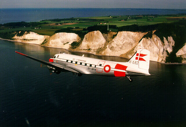 Our DC-3 showing its new 1998 paint over Mns Klint, Denmark